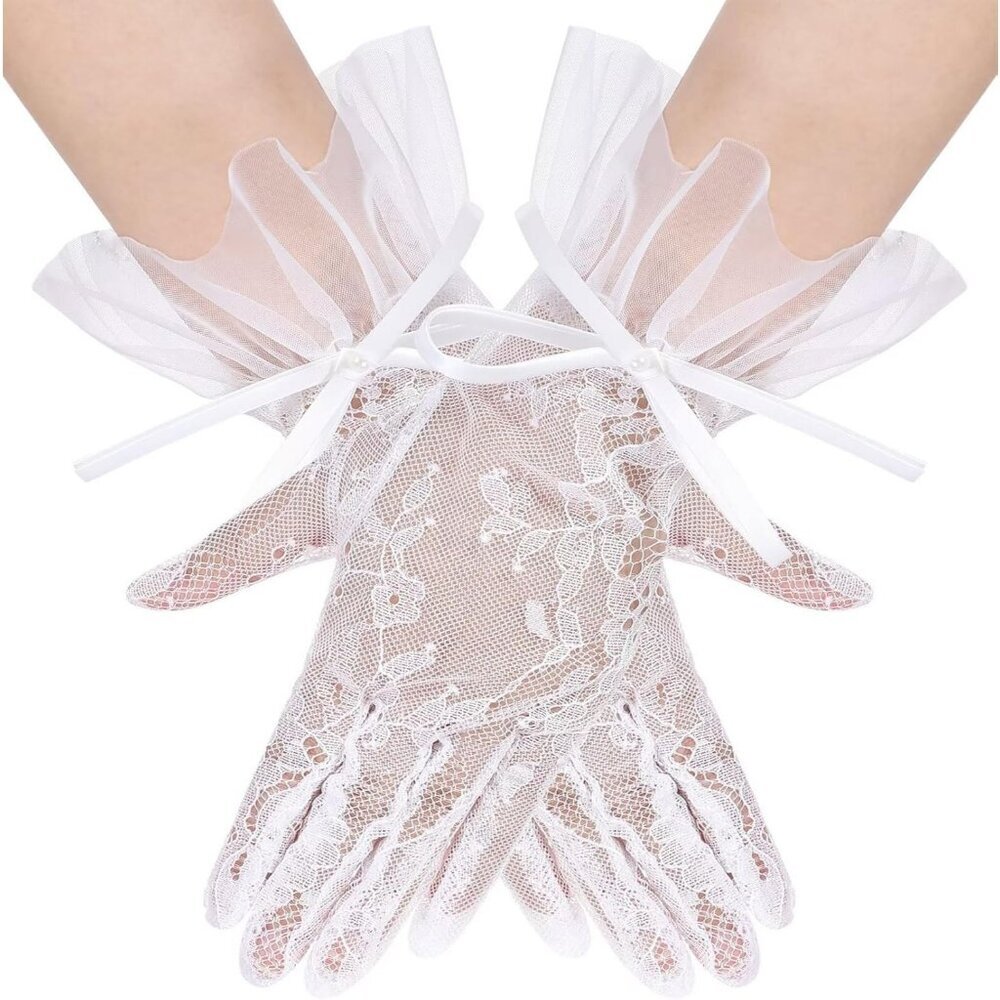 Women's Lvory 08 Floral Short Length Lace Tulle Mesh Wrist Wedding Party Gloves